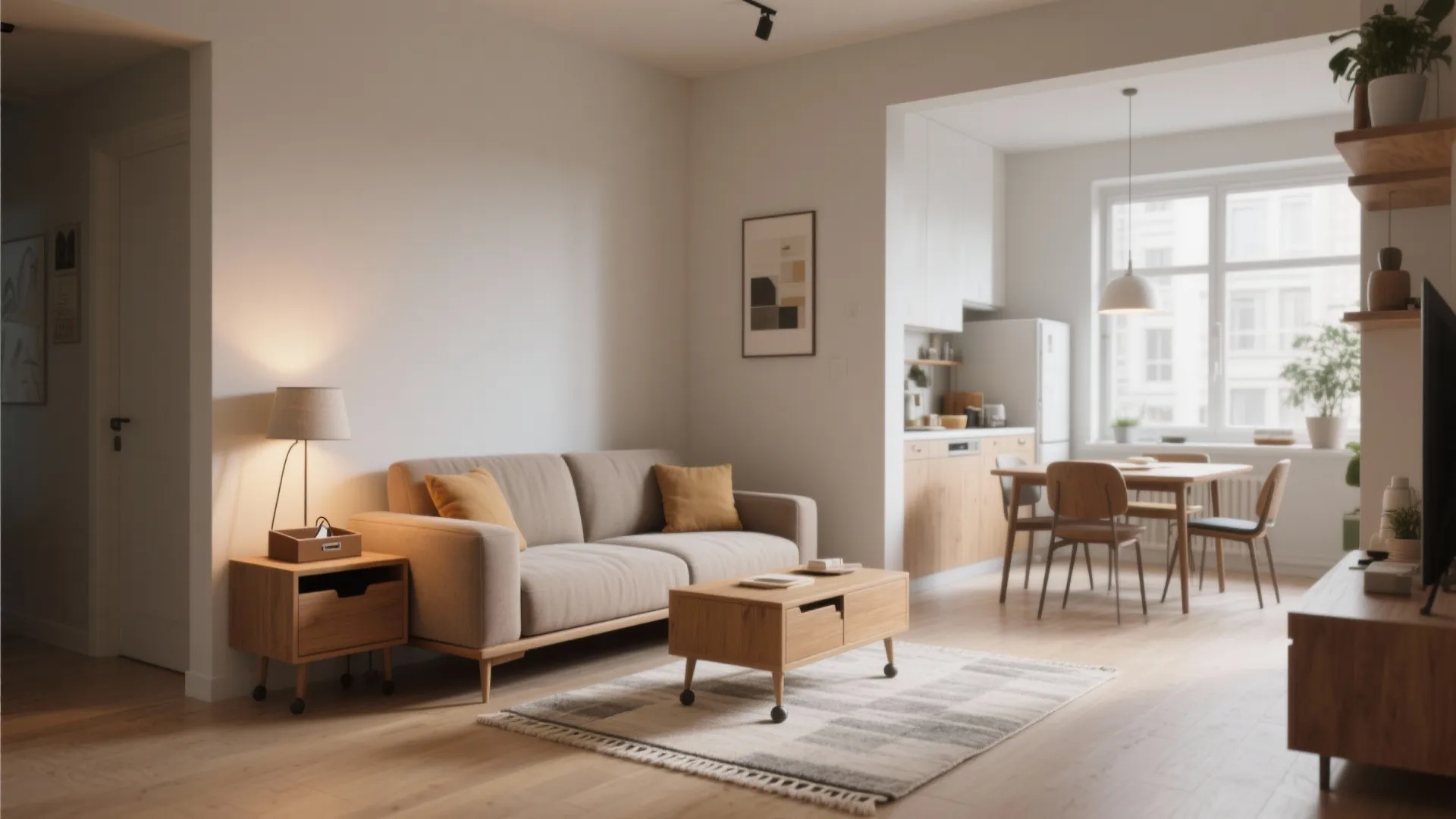 Open-plan small apartment with a corner sofa floated from the wall creating a circulation channel and a console table behind.