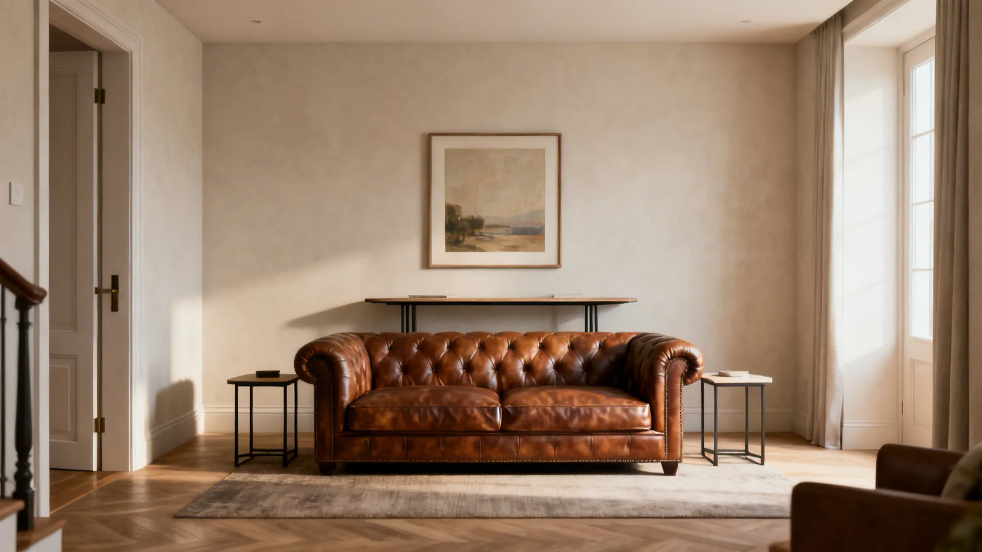 Small living room with a leather sofa as the visual anchor, slim console and art above