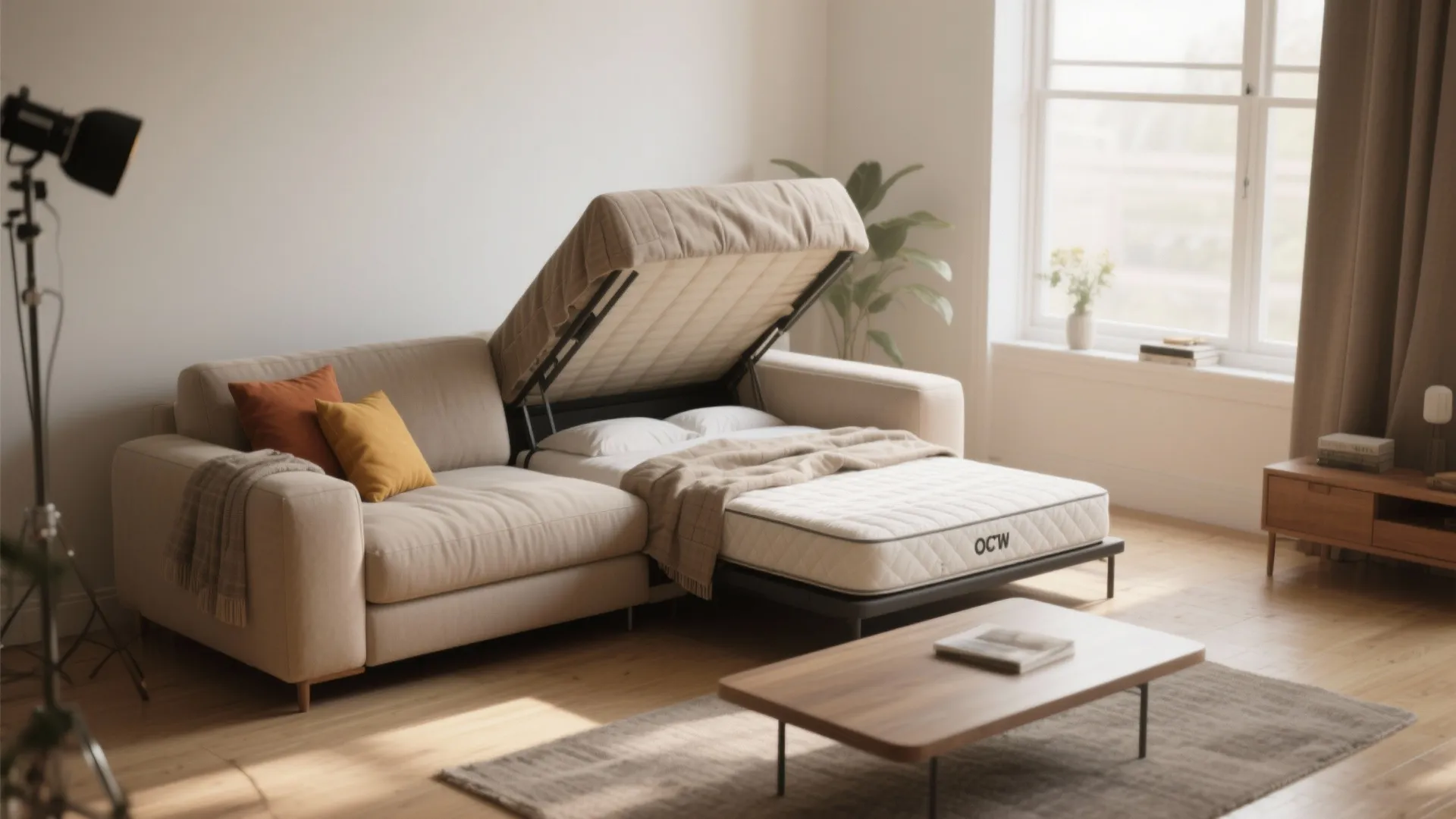 Convertible sofa-bed in a studio apartment with removable linen covers and warm neutral decor.