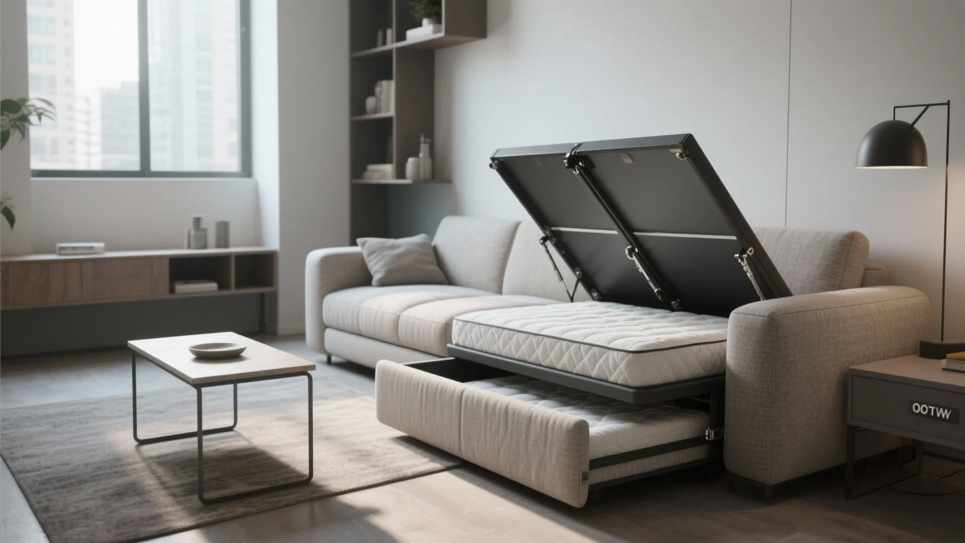Modern grey sofa with fold out bed mechanism showing extra mattress for guests living room