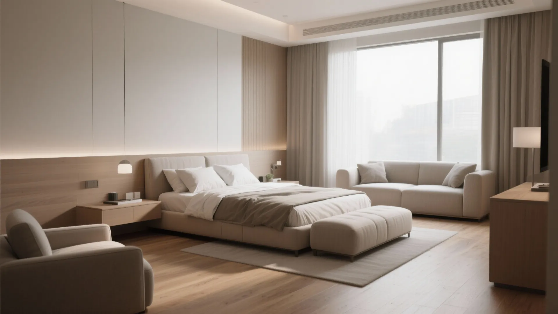 Modern bedroom interior featuring large bed with footrest sofa by window and warm wall lights