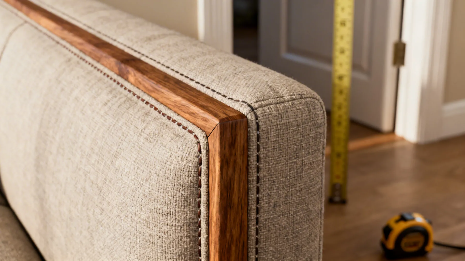 Close-up of a durable sofa frame joint and performance fabric with measuring tape