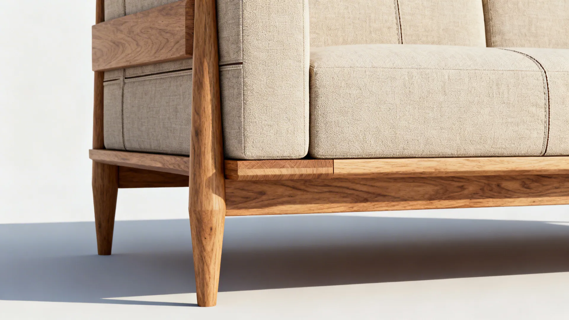 Close-up of slim solid wood sofa frame with raised legs and modular cushions