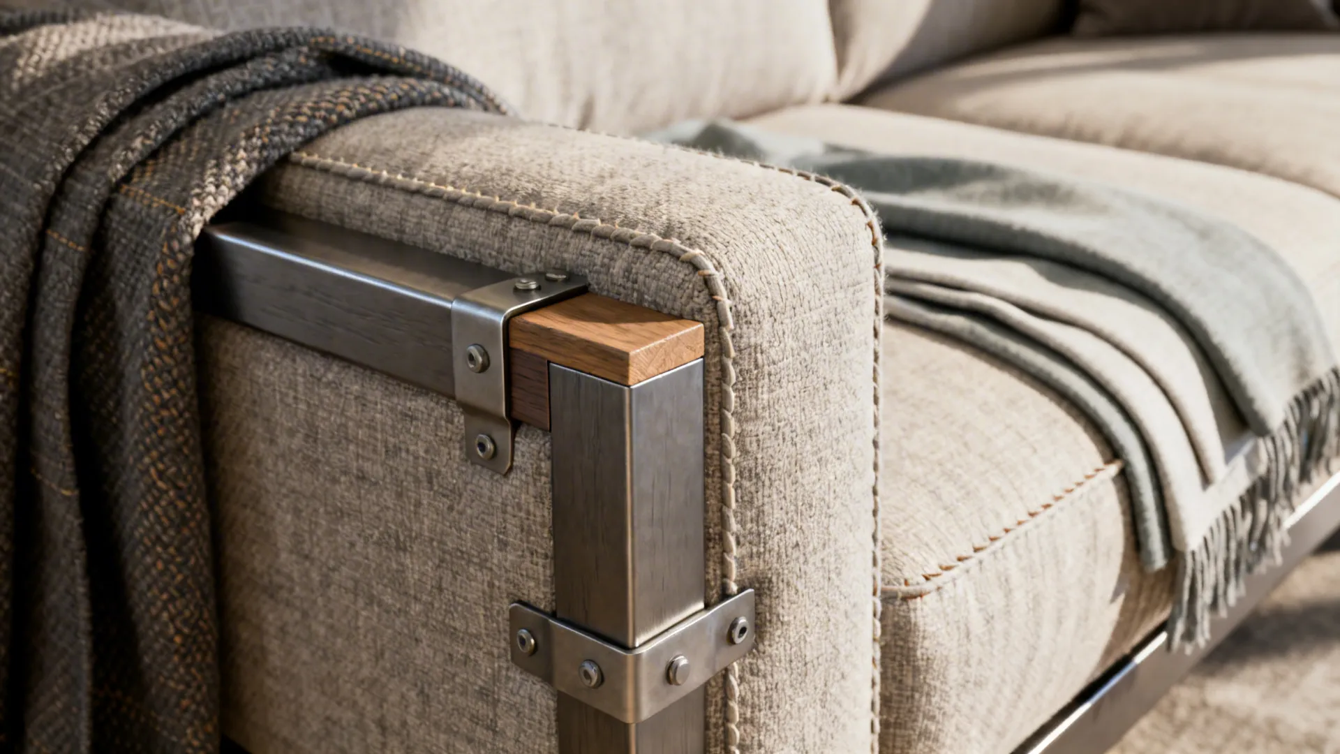 Close-up of a durable sofa frame and cushion showing reinforced joints and fabric weave.
