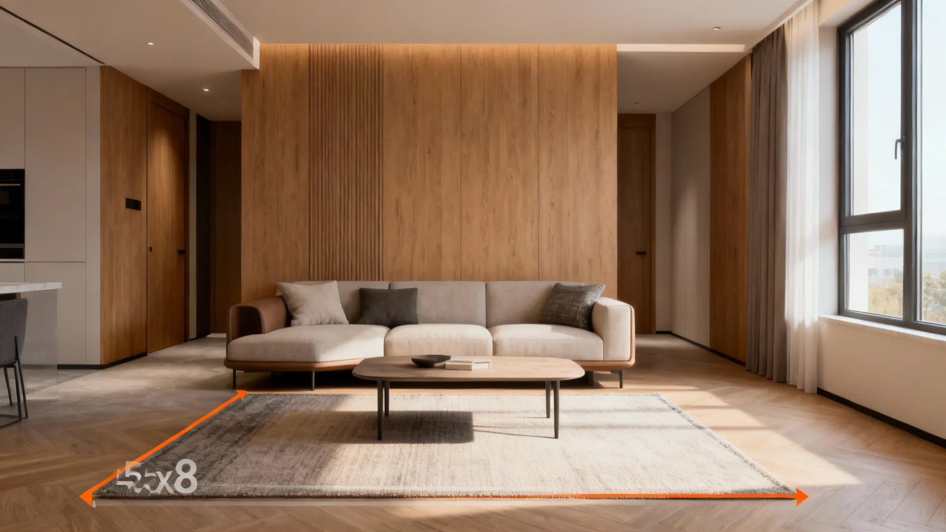 Compact living area with a 5x8 rug positioned in front of the sofa to anchor the seating.