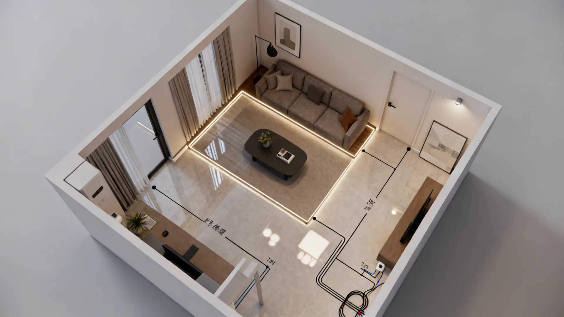Top-down layout showing under-sofa and baseboard LED zones, drivers, and routes.