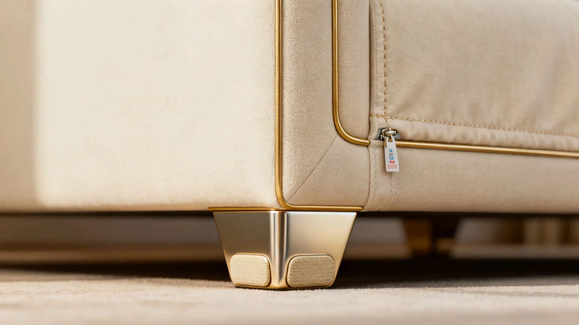 Close-up of a cream sofa leg with subtle gold trim and fabric detail.