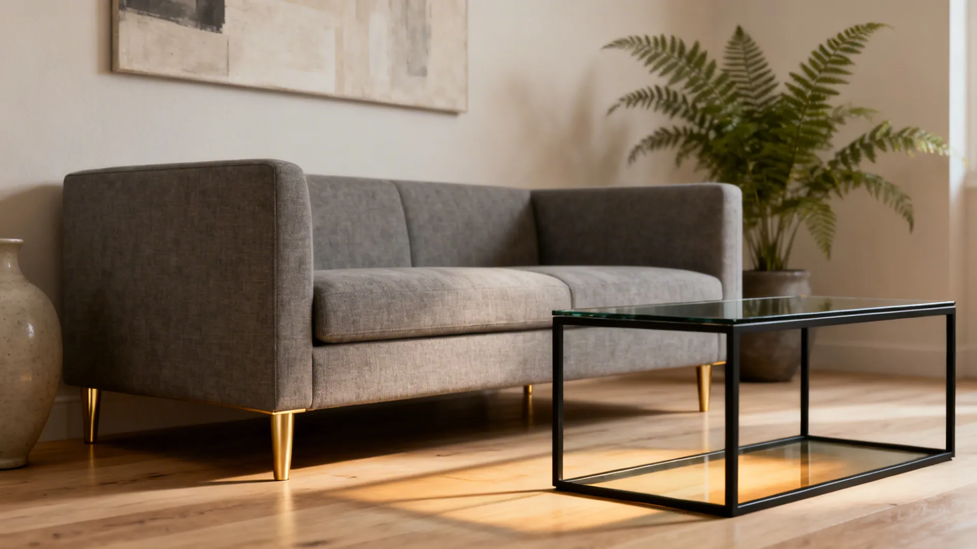 2. Two-Tone Sofa: Grey Fabric with Gold Legs