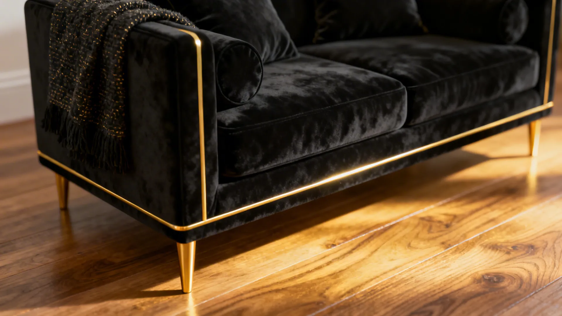 Close-up of a compact black sofa with slender gold legs and velvet cushions.