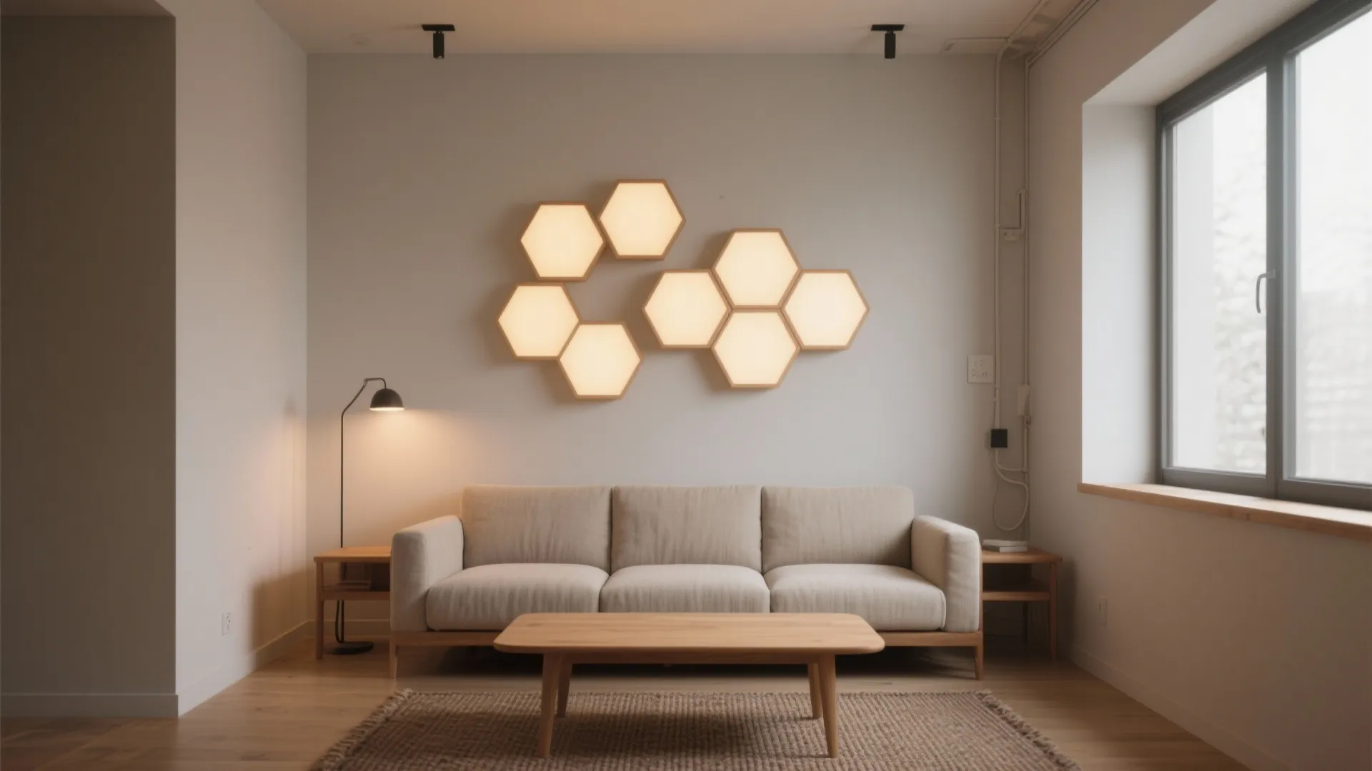 A 3x2 grid of hexagon wall lights provides warm ambient glow above a compact sofa.