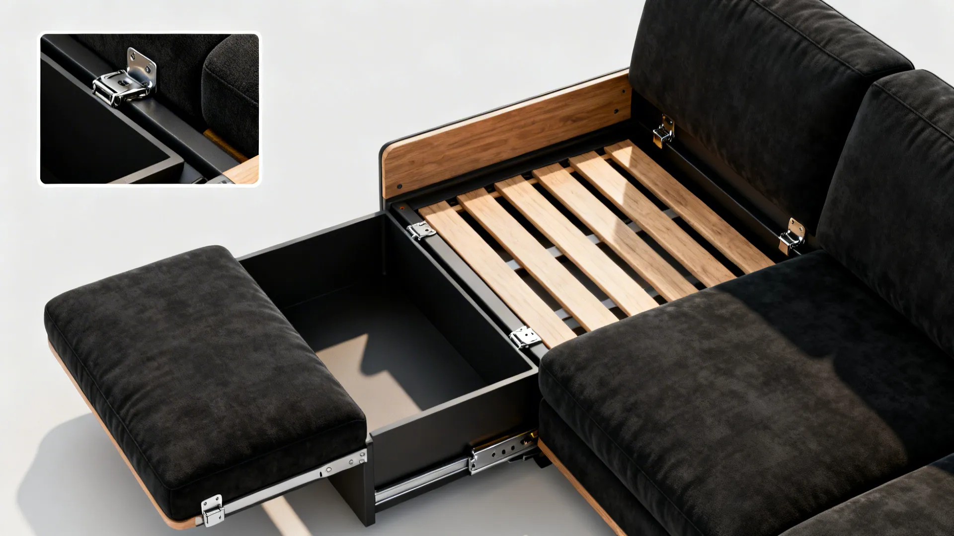 Black multifunctional sofa with hidden storage compartments and smooth mechanisms