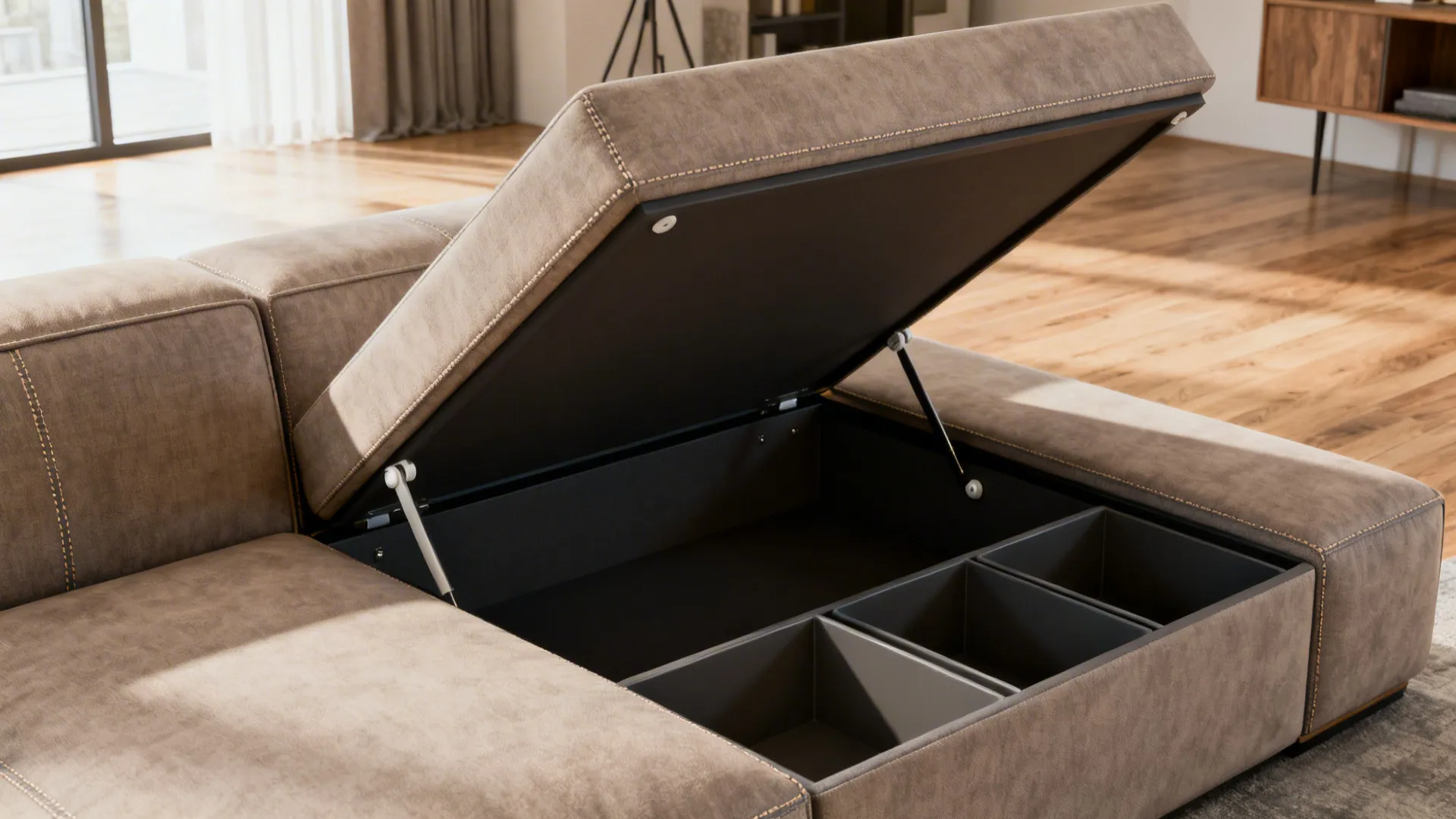 Modern sofa with hidden under-seat storage bins revealed in a studio apartment.