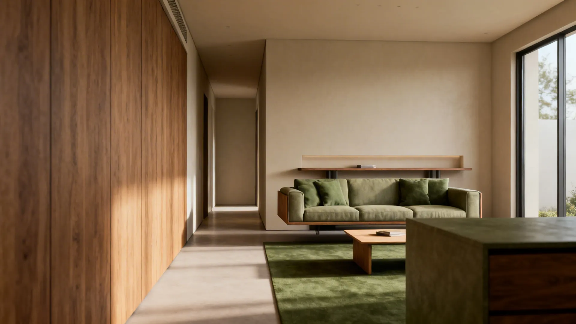 Floating sofa island in a narrow living room with a slim console and clear path behind.