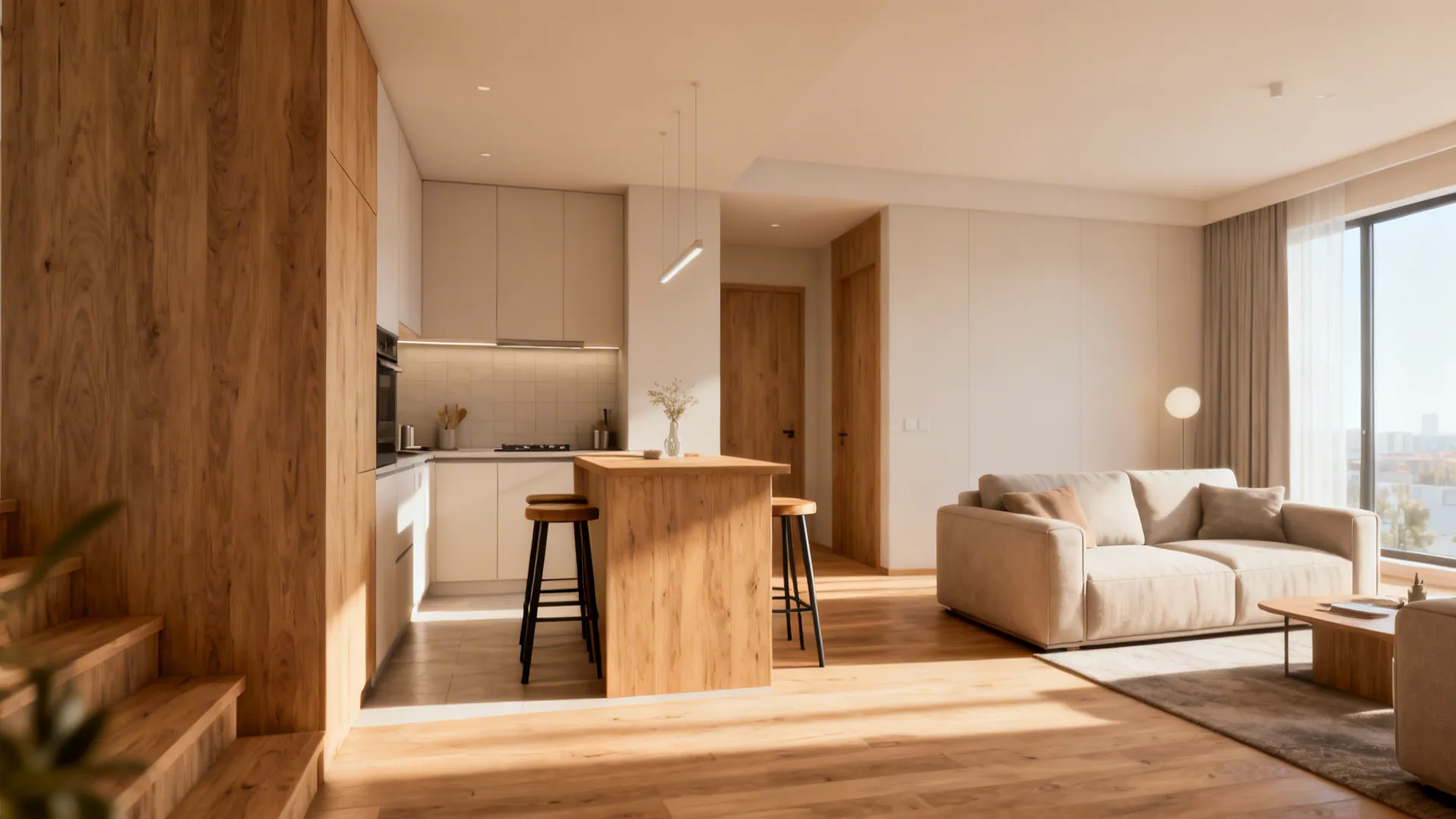 Sofa positioned back-to-back with a kitchen island creating distinct zones while keeping circulation space.