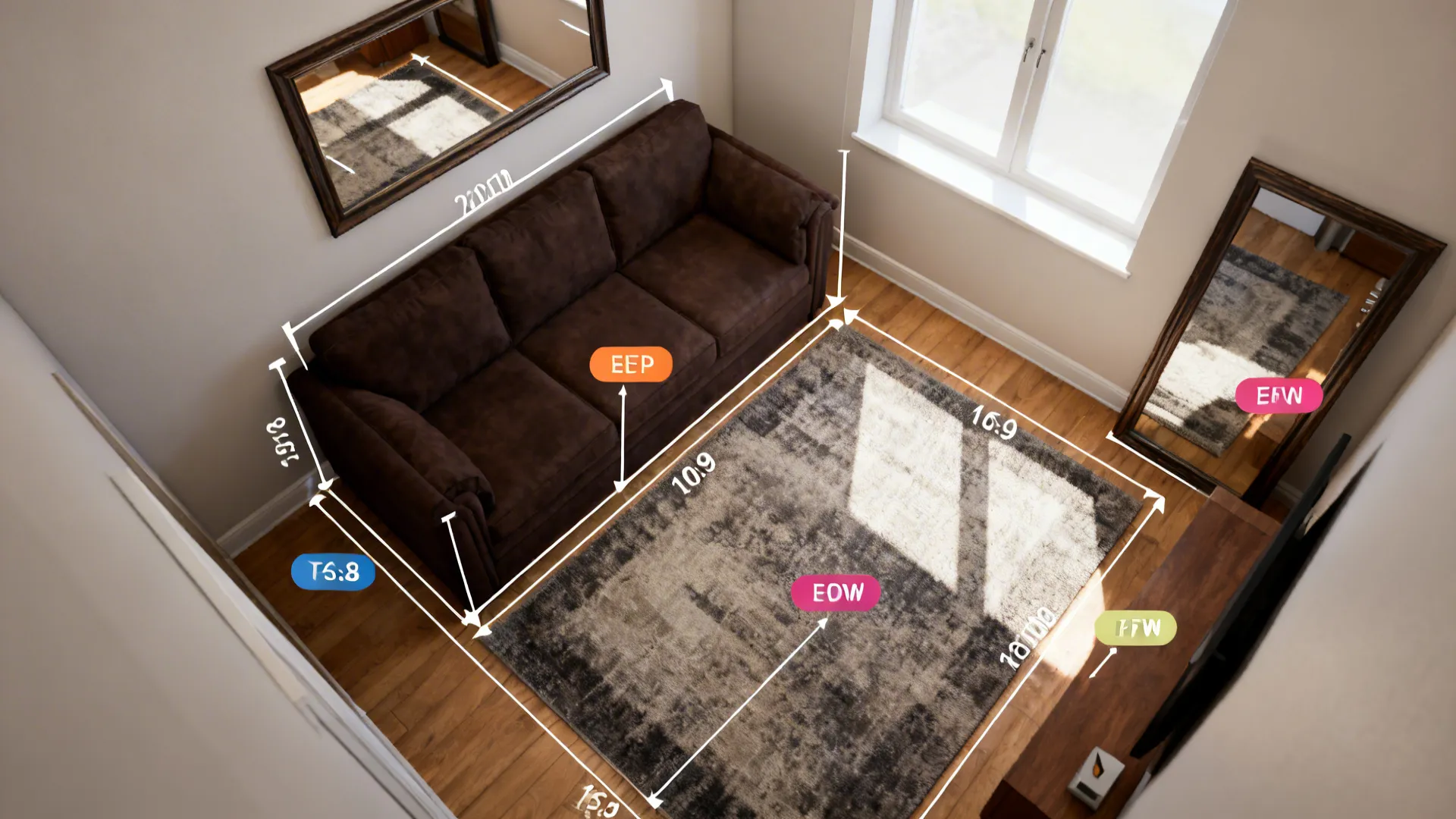 Top-down room mockup showing dark brown sofa placement, rug sizing, and reflective surface suggestions.