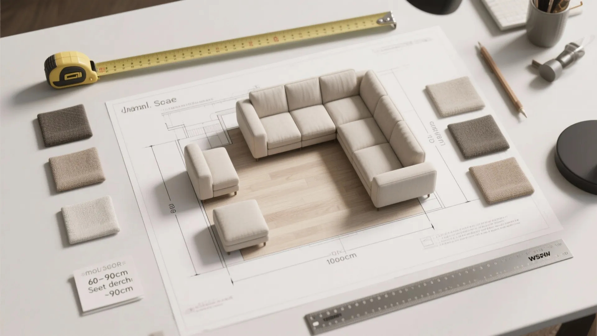 Floor plan drawing with 3D sofa model measuring tape fabric samples and interior design tools