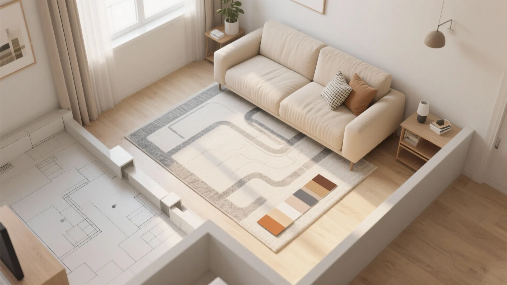 Modern living room showing beige sofa patterned rug interior design drawing and colorful material samples
