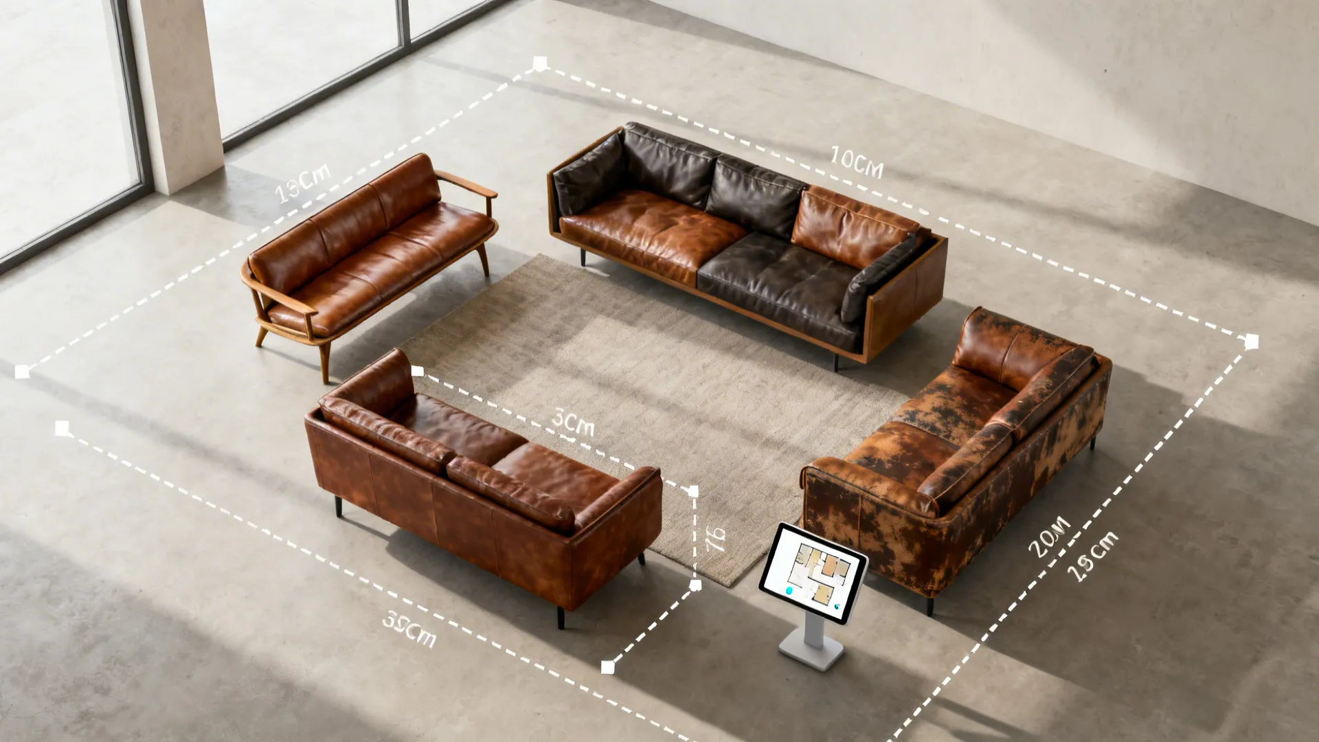 Top-down floor plan layout showing different leather sofa options and a tablet with a 3D floor planner.