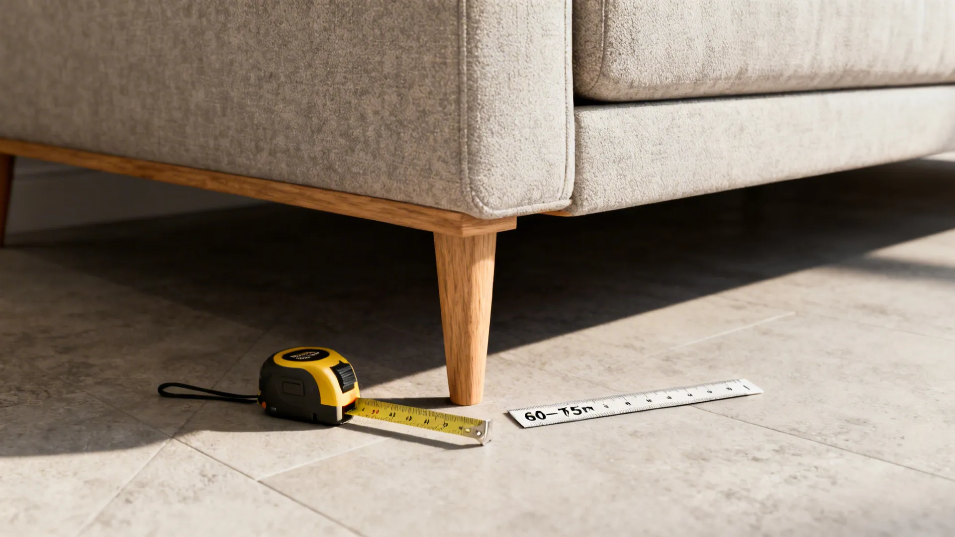 Slim sofa legs lifted from the floor with a tape measure showing recommended circulation clearance.