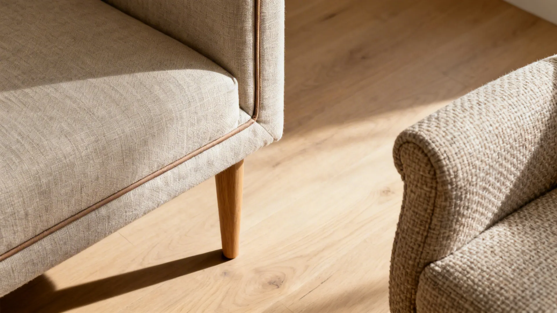 Close-up of a tailored tight-back sofa with slender wood leg on pale oak flooring.
