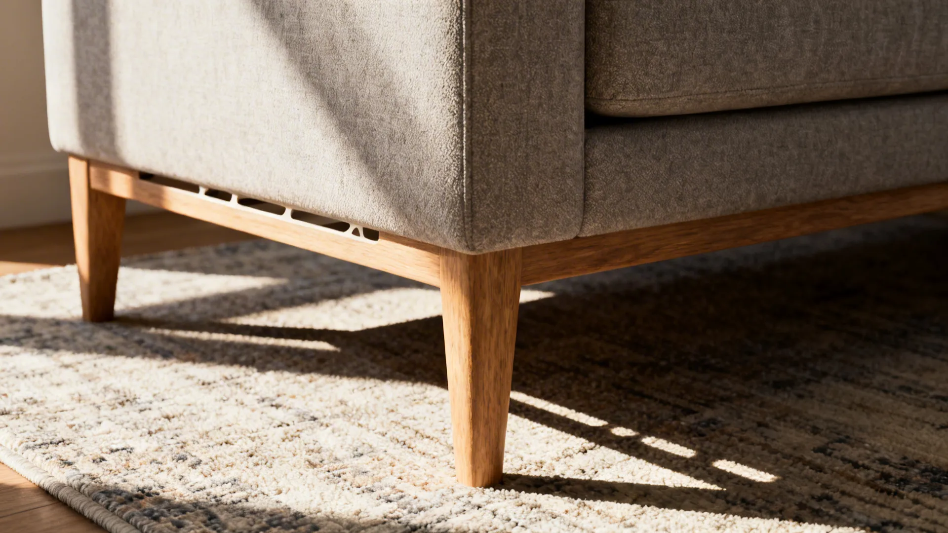 Close-up of wooden sofa legs and lighter gray upholstery showing under-sofa legroom.