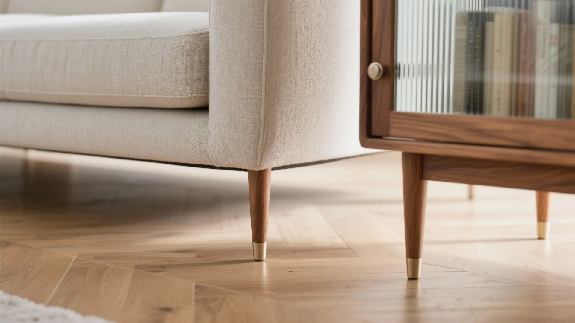 Slim Sofas with Raised Legs + Glass-Front Storage