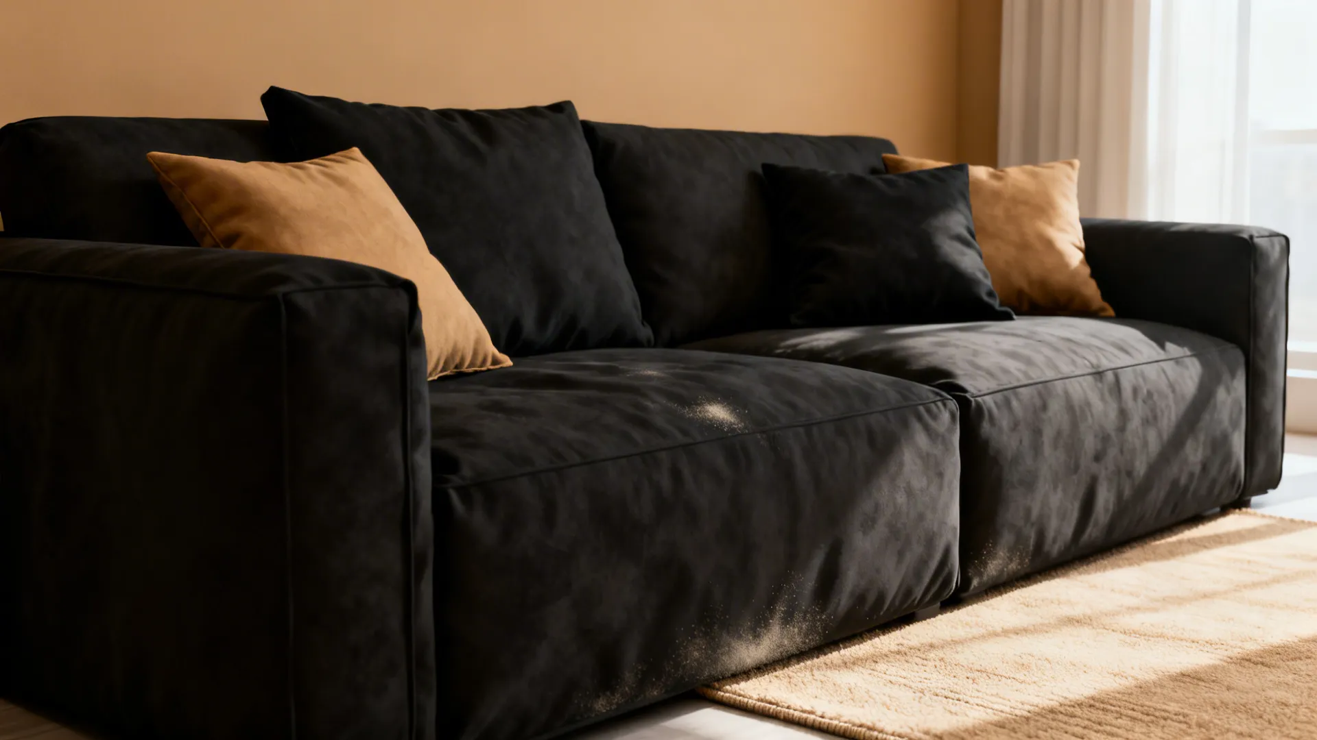 Charcoal sofa anchored on a tan rug with soft tan walls and textured removable upholstery.