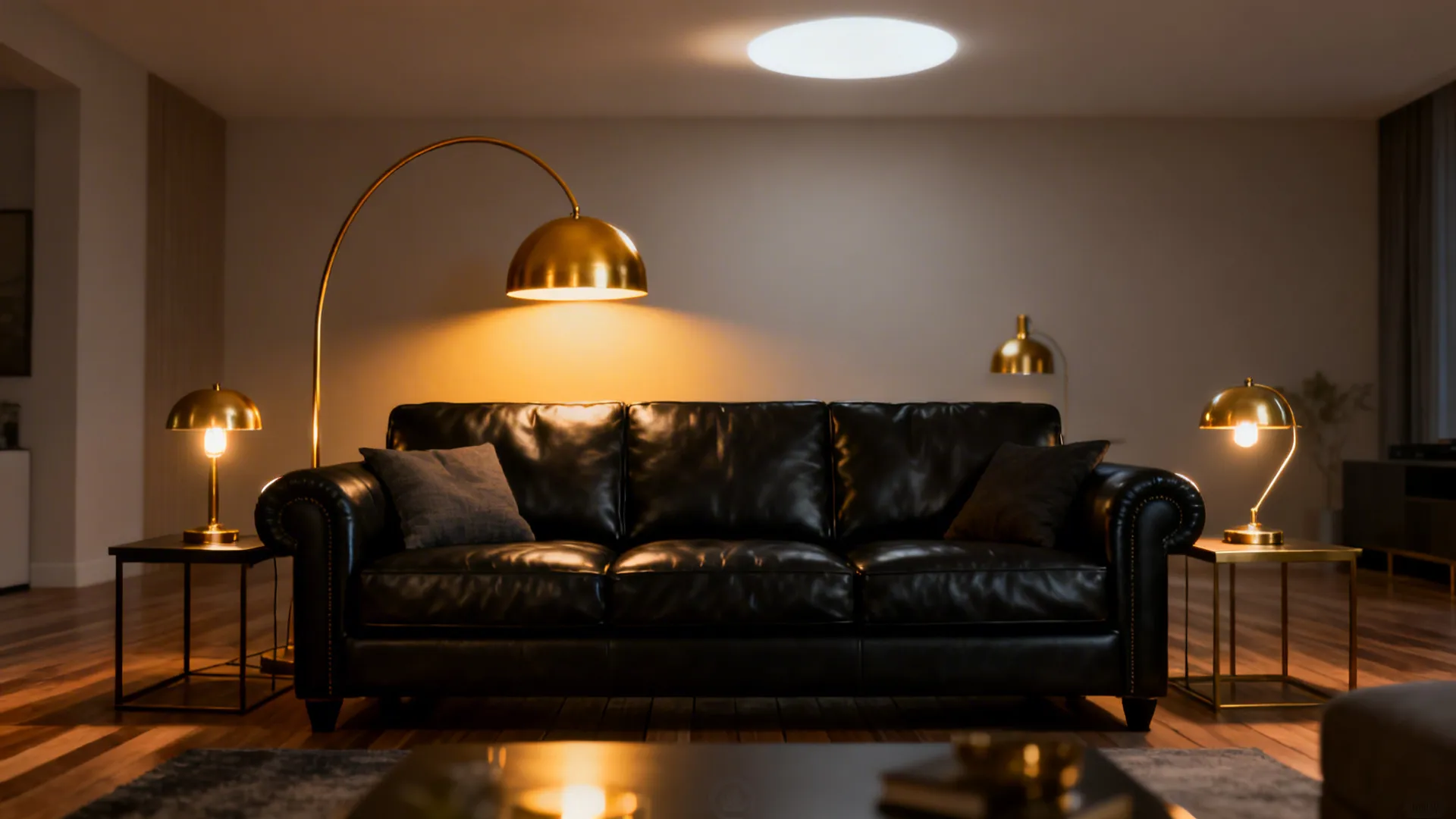 Layered warm lighting around a black leather sofa including an arched floor lamp and table lamps.