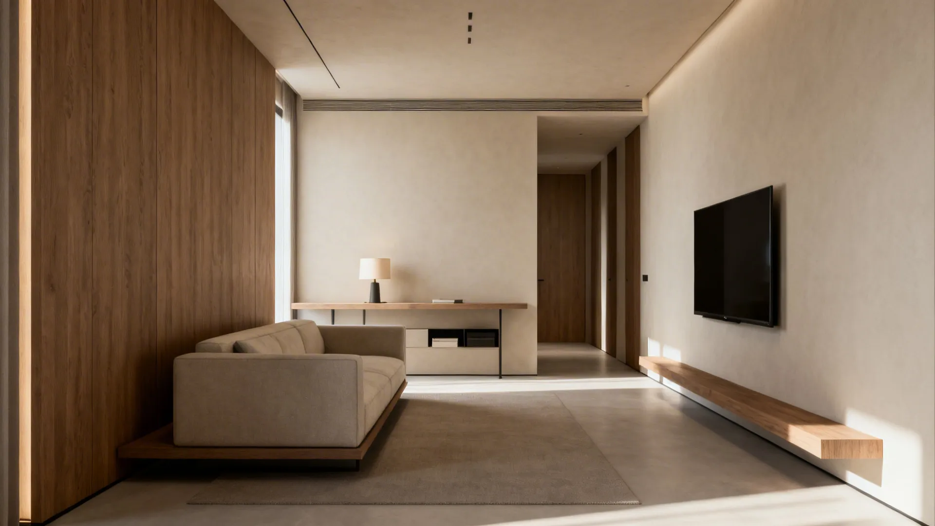 Low-profile sofa along long wall facing a TV on the short wall with a slim console behind the sofa