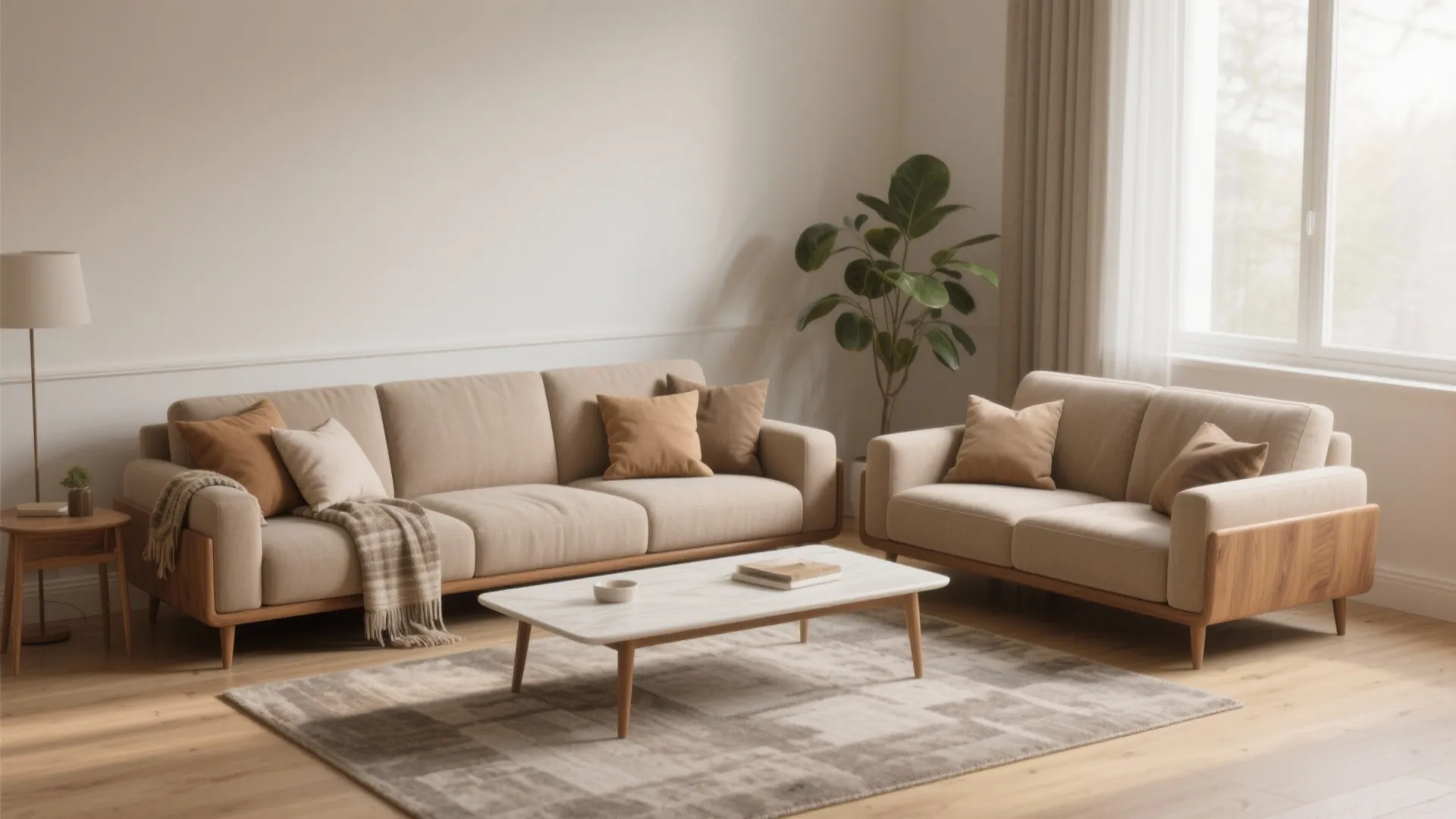 Modern living room with a large beige sofa, matching smaller sofa, marble coffee table, and plant