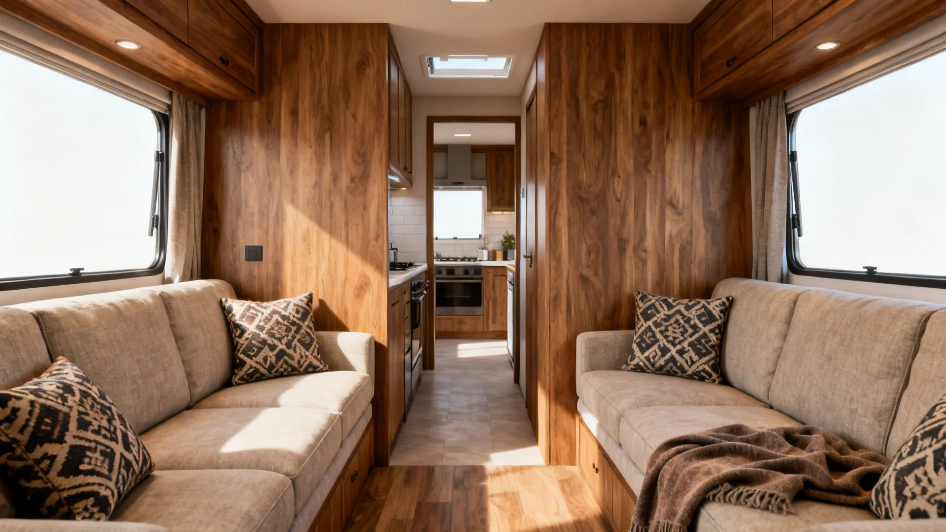 Small open-plan living area with a sofa and matching loveseat defining a balanced seating zone.