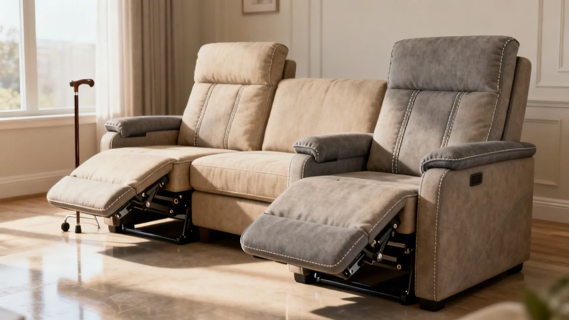 Sofa and loveseat sectional combo with dual recliners and thin arm profiles in a compact living room.