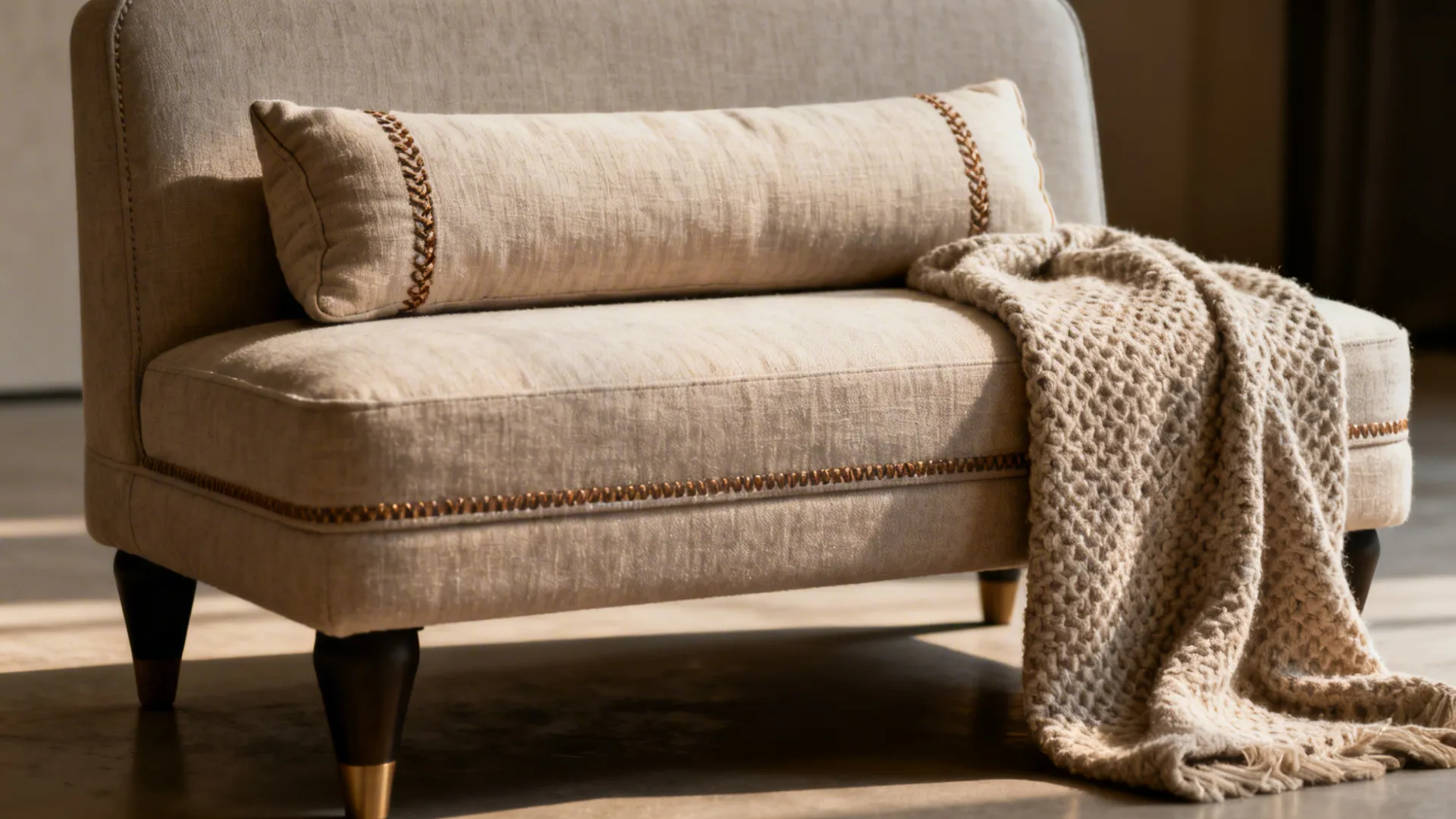 Lumbar pillow and textured throw on a small sofa highlighting luxury styling