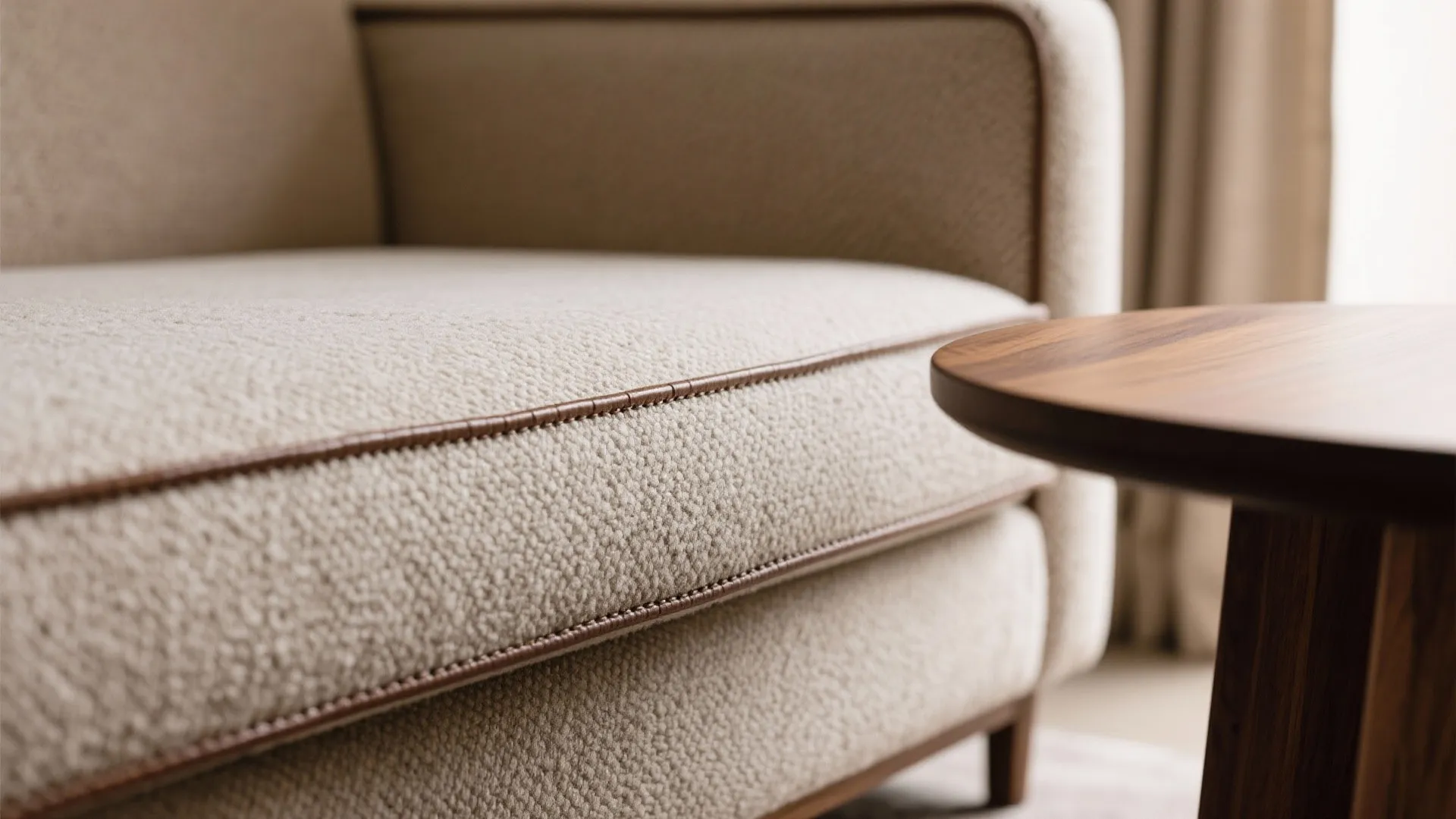 Close up of a beige fabric sofa with brown piping detail next to wooden side table