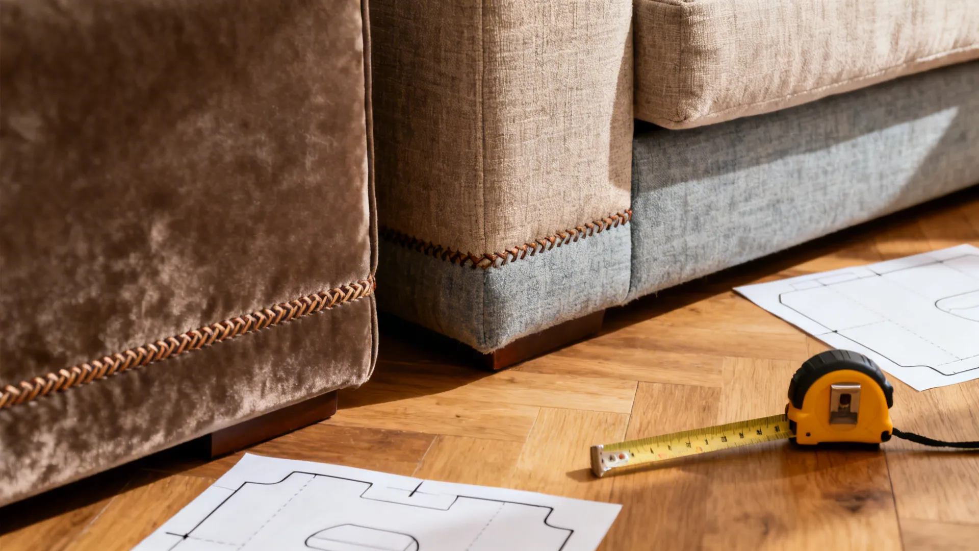 Close-up of different sofa fabrics, cushions, and a paper template on the floor showing layout planning