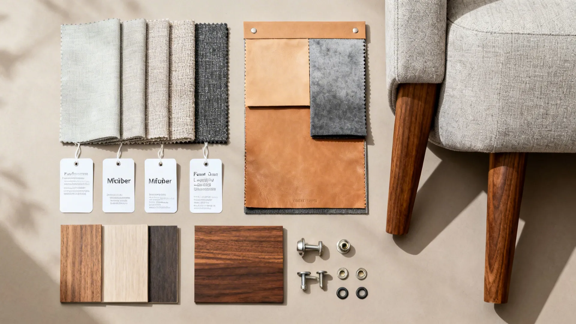 Flat lay of fabric swatches, leather samples, wood legs, and foam pieces for sofas.