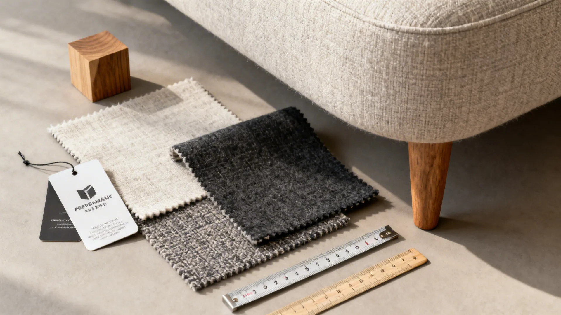 Material flatlay with upholstery swatches, wood leg sample, and measuring tape for sofa selection