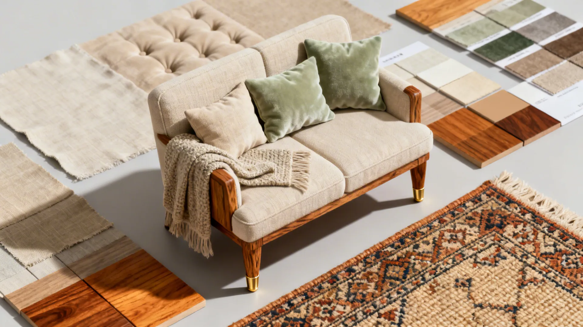 Materials flatlay with upholstery swatches, wood leg samples, and rug textures for small sofa styling.