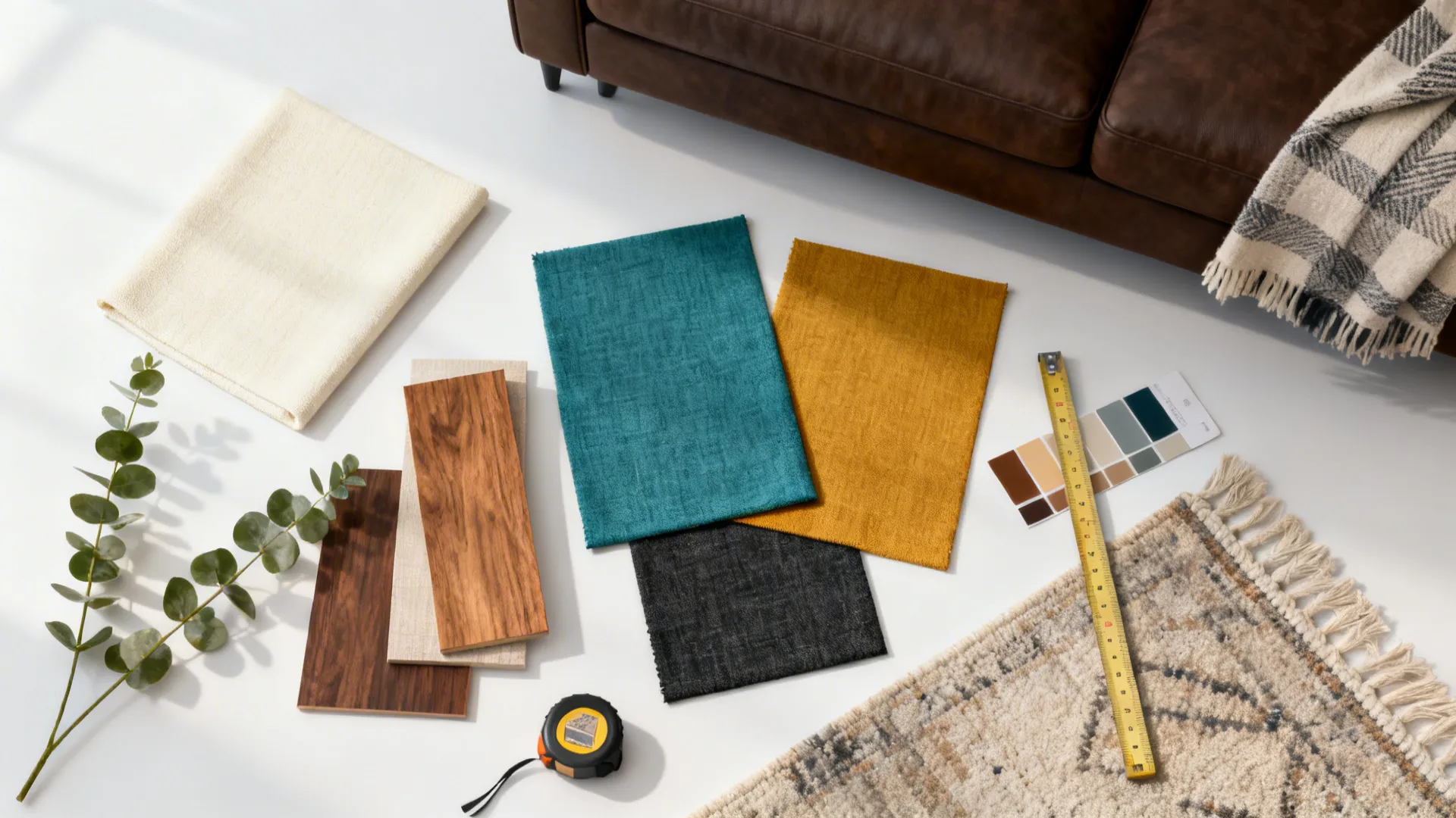 Top-down flatlay of fabric swatches, wood samples and color chips for styling a dark brown sofa.