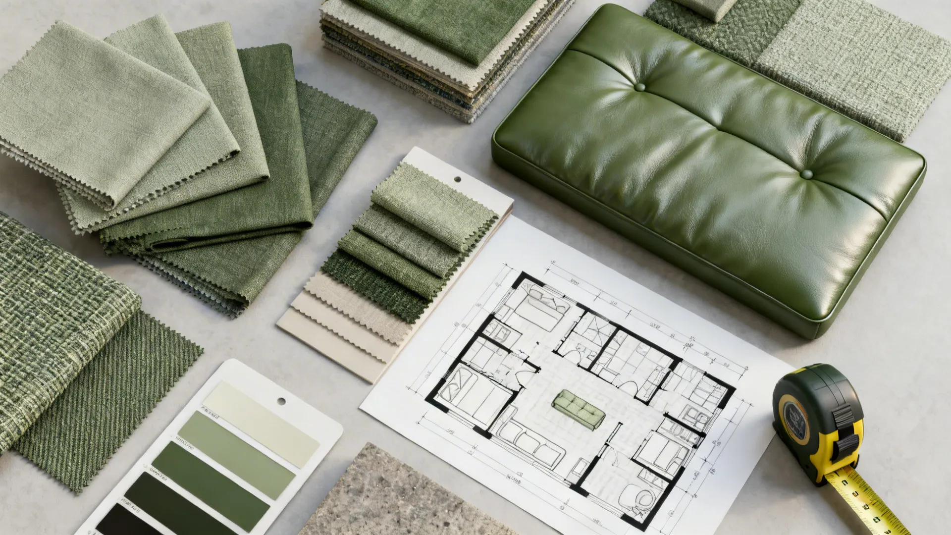 Top-down flatlay of fabric swatches, color chips, a tape measure and a floorplan for sofa bed planning