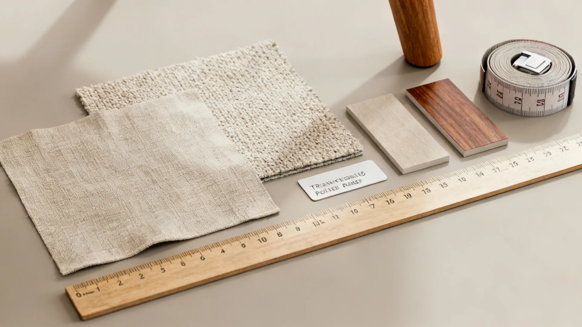 Flatlay of fabric swatches, wood leg samples, and measuring tape for choosing small-space sofas.