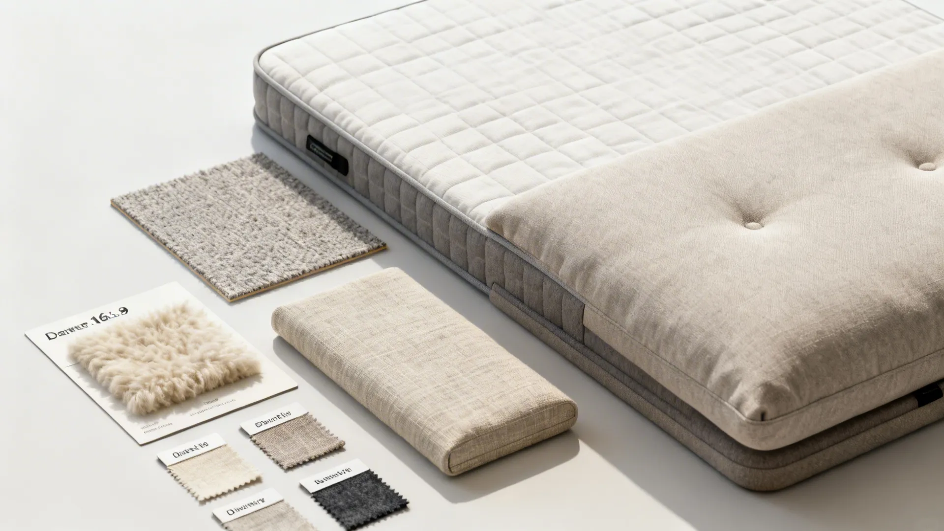 Flatlay of sofa accessory samples and fabric swatches including wool and linen textures.