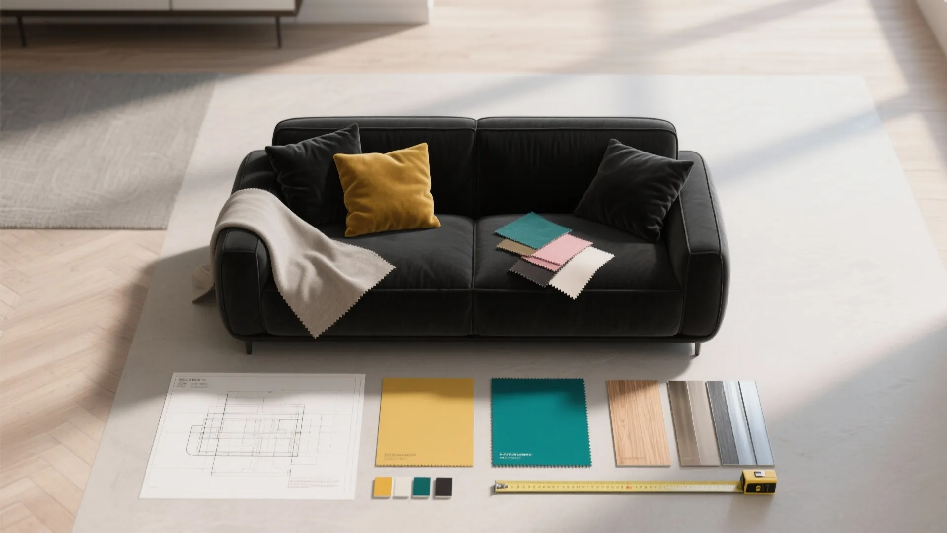 Top-down flatlay of fabric swatches, paint chips and measuring tape for black sofa planning.