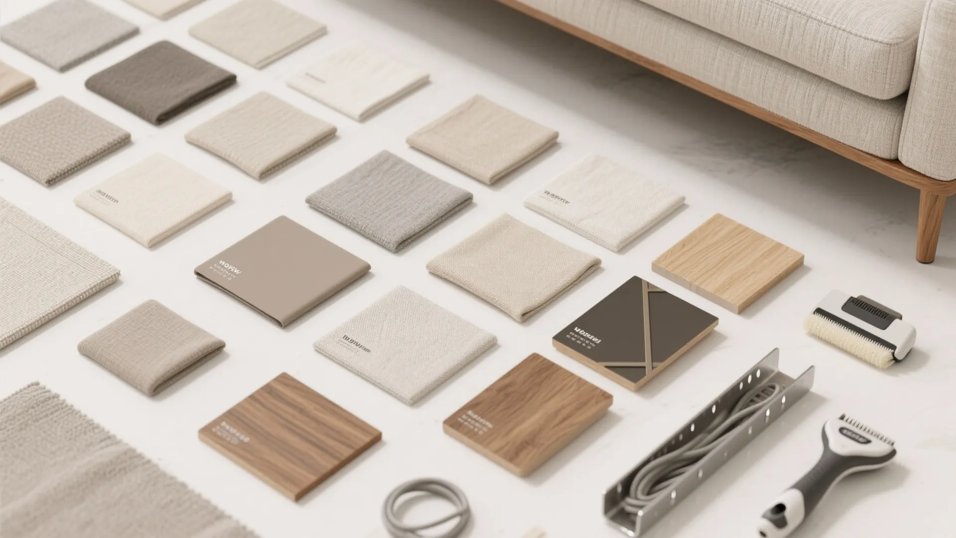 Flat lay of light neutral fabric swatches, oak leg samples, and metal accents for bright small living rooms.