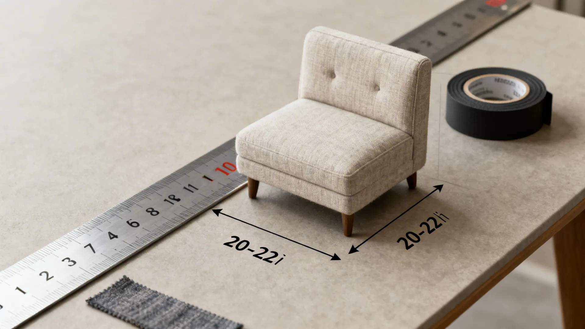 Measuring tape and seat depth sample showing recommended sofa dimensions for small rooms.