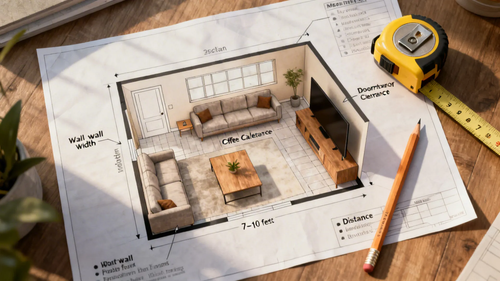 Top-down room plan showing how to measure for sofa placement, doorways, and clearances.