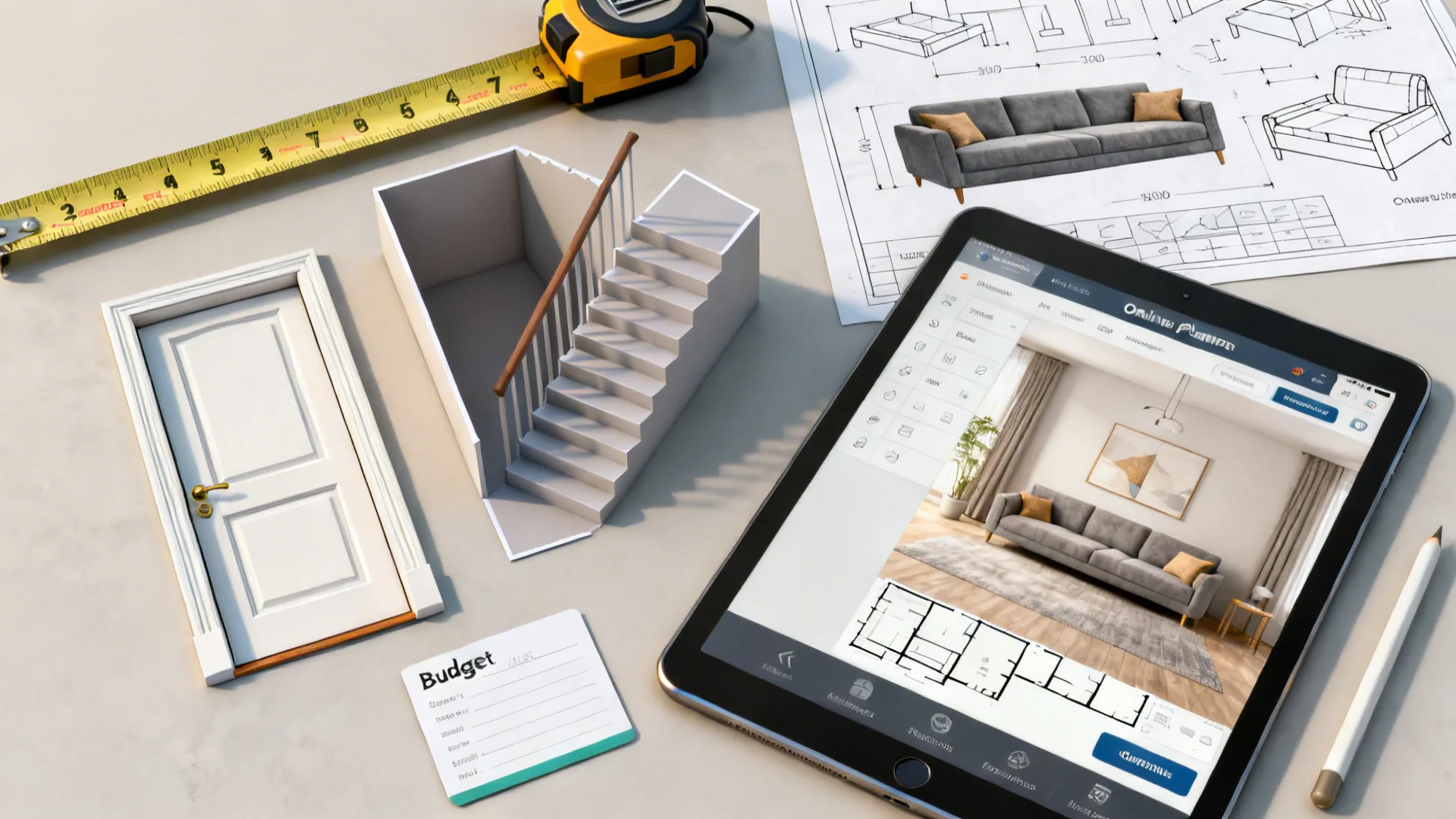 Flatlay of measuring tools, doorway mock-up and a tablet with a room planner to check sofa fit and budget.