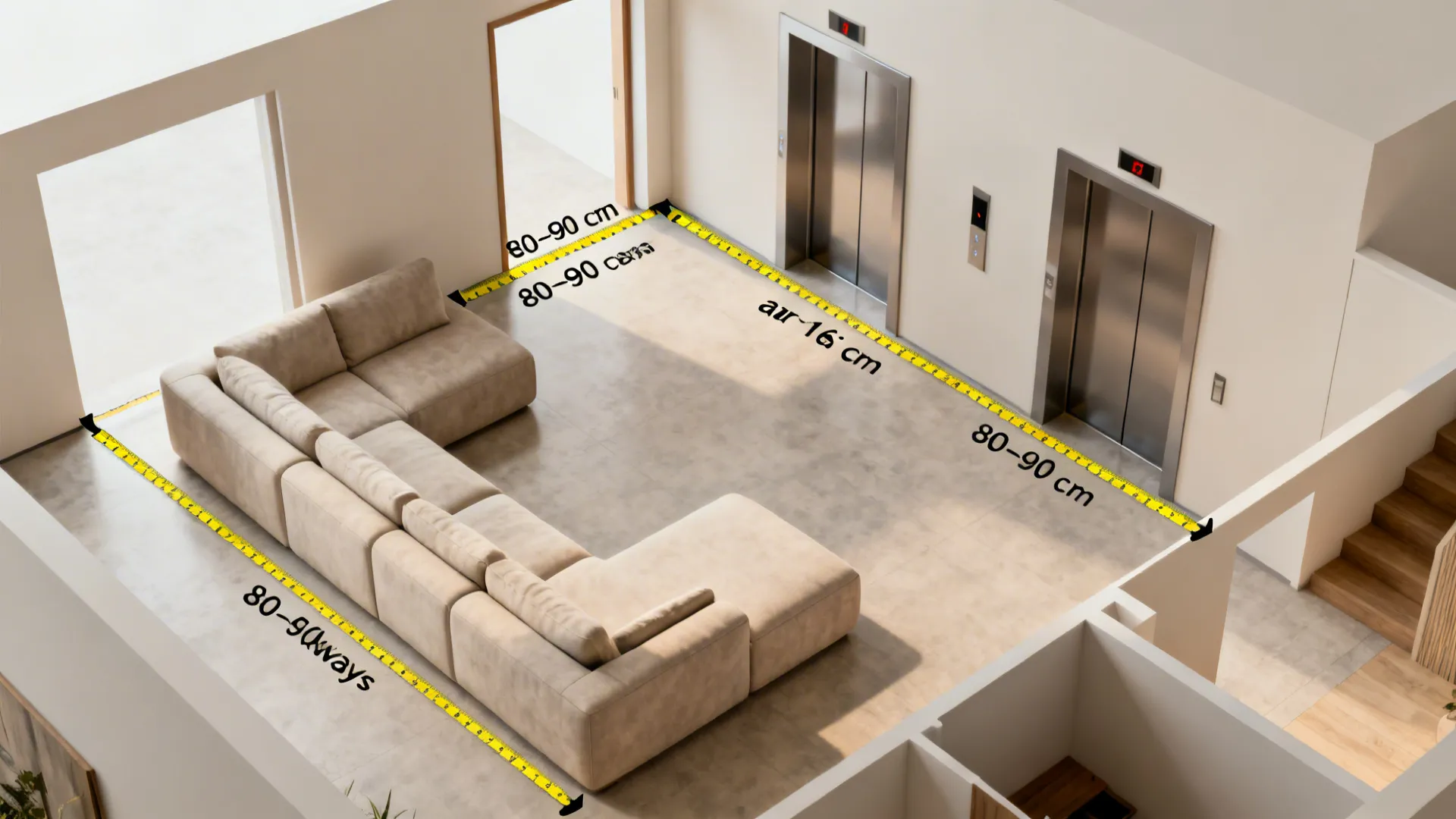 Top-down plan showing measurements and clearances for placing an L-shaped sofa in a small room.