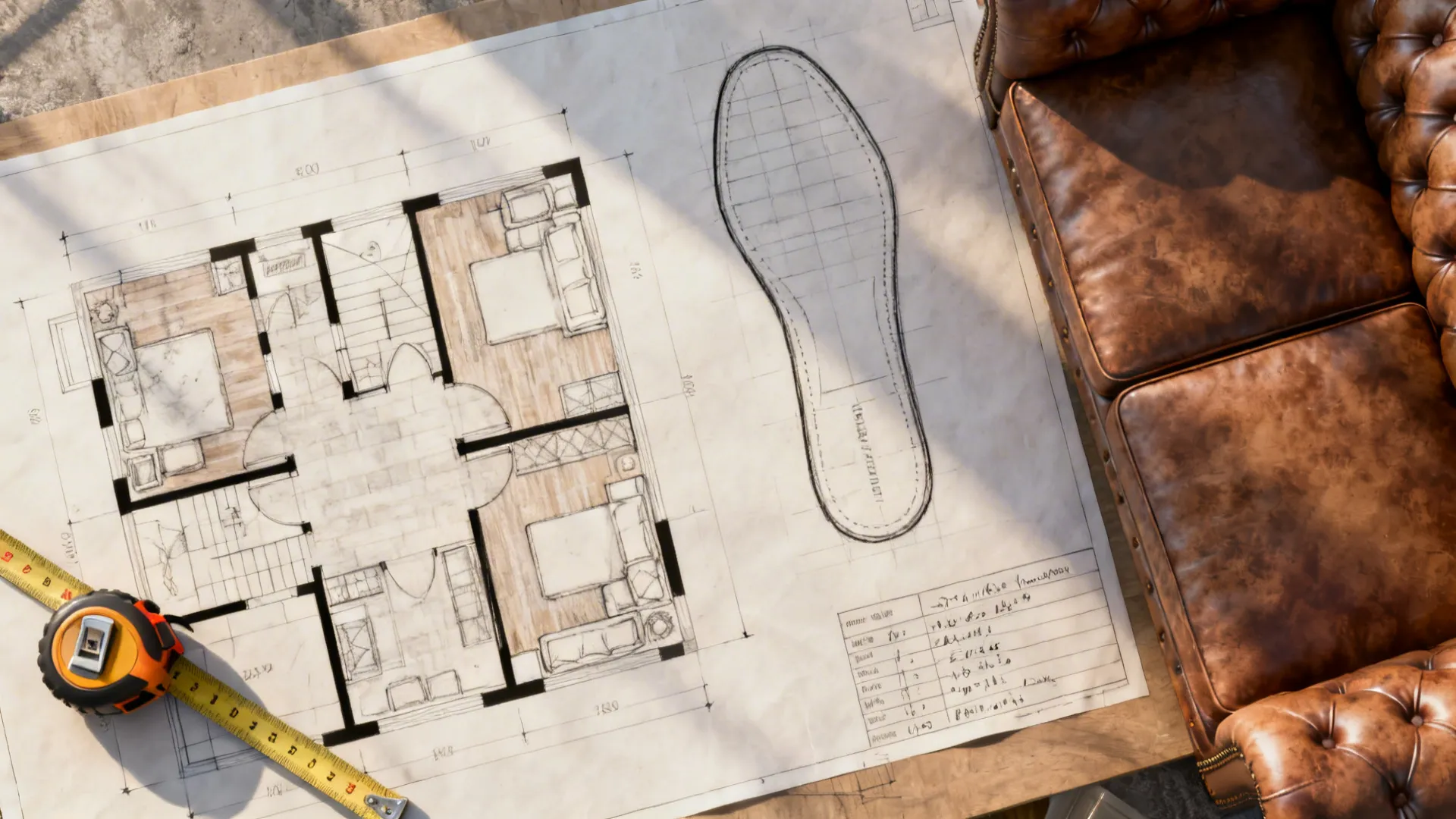 Top-down view of a sofa footprint sketch and tape measure for space planning