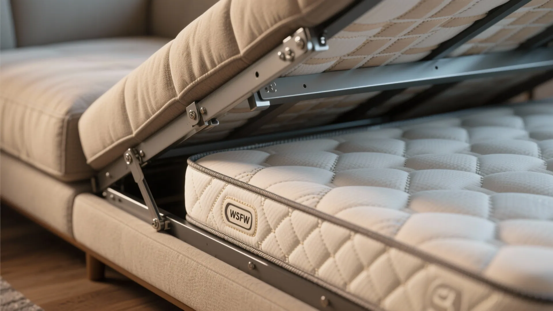 Close up showing the metal lifting frame of a sofa bed revealing a white mattress